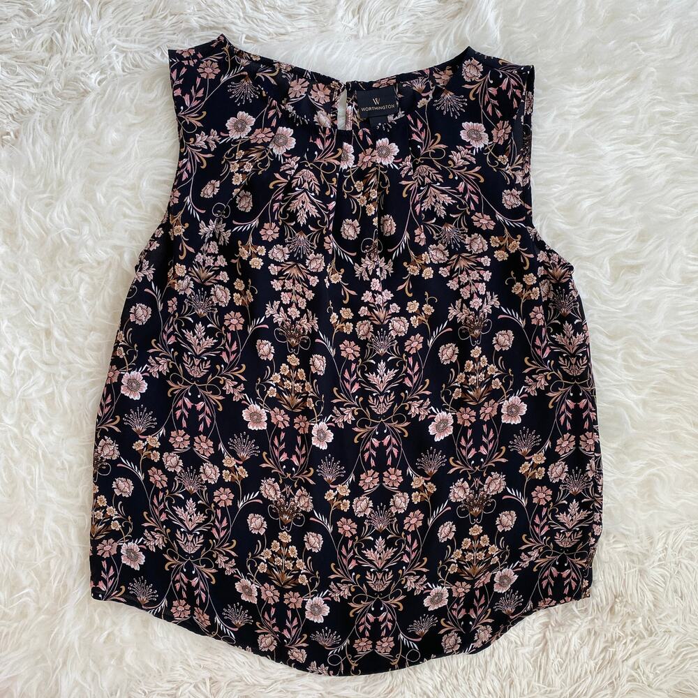Worthington Black & Light Pink Floral Sleeveless Blouse, size S